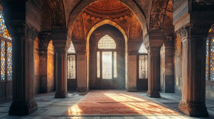 Majestic Indoor Architectural Space with Ornate Arches and Illuminated Windows