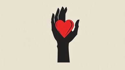 Obraz premium A black silhouette of a hand holding a red heart against a light beige background