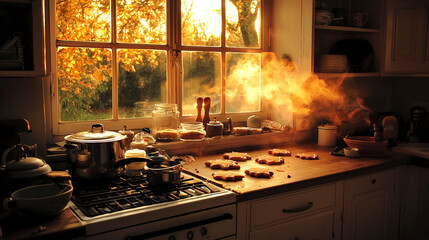 Warm kitchen with autumn window view, steam rising from stovetop cookies