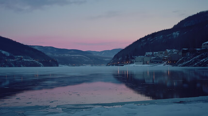 A peaceful, frozen lake at dusk with a town nestled in the hills