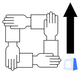 Four hands forming a square symbolizing unity and teamwork, with an upward arrow and small shopping bag icon representing progress and commerce. Ideal for business, cooperation, growth, e-commerce