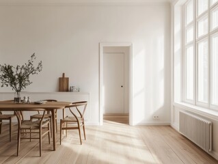 Minimalist simple dining room design with white walls and light wooden flooring