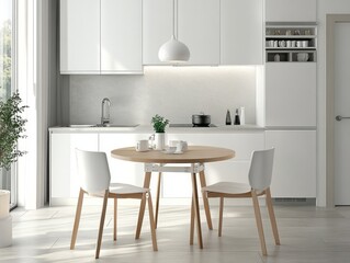 Fototapeta premium Minimalist small dining room with a foldable table and white kitchen furniture