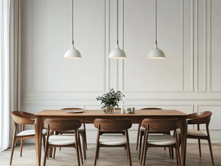 Minimalist vintage dining room with retro pendant lighting and a slim wooden table
