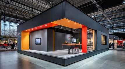 Obraz premium An exhibition industrial hangar tent designed for interactive displays, featuring a modern gray exterior with colorful accents. The interior is spacious and adaptable, perfect for showcasing innovativ