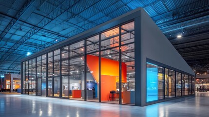 An exhibition industrial hangar tent designed for interactive displays, featuring a modern gray exterior with colorful accents. The interior is spacious and adaptable, perfect for showcasing innovativ