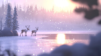 Two reindeer stand by a frozen lake in a snowy, wintery forest