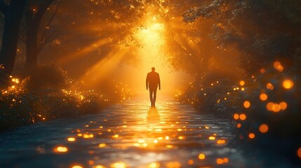 Mysterious Pathway with Glowing Lights Illuminated by Golden Sunrise, reflection, relax, concept of leaving life. Solitary figure walking along a tranquil path.