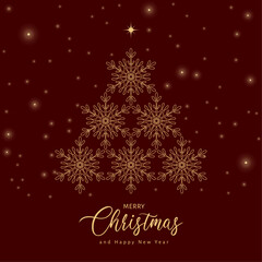 Merry Christmas and Happy New Year frame for social media post, greeting card, poster, cover. Winter illustration with gold snowflakes, tree in red color. Modern Winter holidays square template.