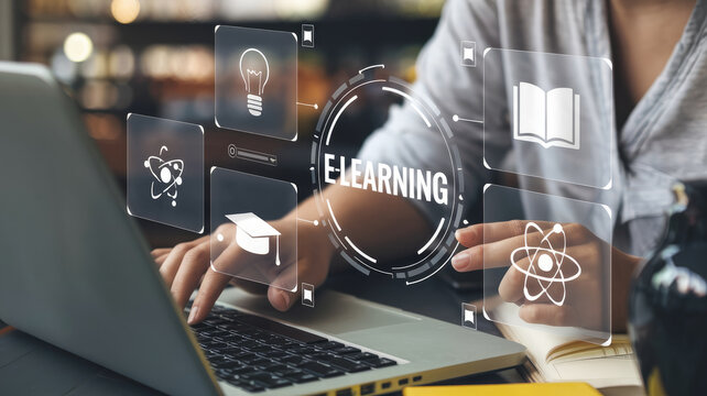 A woman is using a laptop with a screen that says "learning" on it. She is typing on the keyboard and she is focused on her work. Concept of education and the importance of learning in today's world