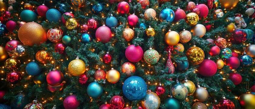 Huge Christmas tree with glittering ornaments and soft, creating a festive and warm holiday atmosphere. Massive Christmas tree decorated with vibrant ornamental balls and glowing bokeh lights.