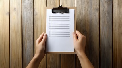 A volunteer holding a clipboard with a blank checklist against a wooden background
