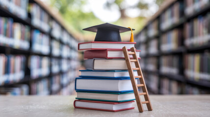 A stack of books with a wooden ladder on top of them. The books are arranged in a way that they...