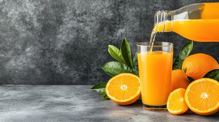 A bottle delicately pours vibrant orange juice into a glass, creating effervescent bubbles against a dark grey backdrop