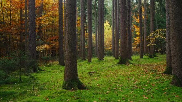 Nature landscape of autumn forest. A walk among big old trees in an autumn forest, stabilized smooth shot, 4K video footage.