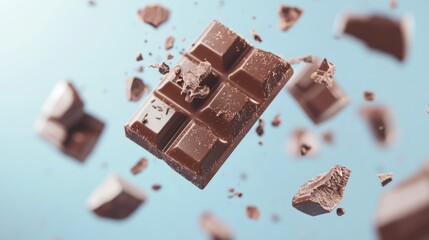 Flavored Chocolate Bar Falling Apart Against a Blue Background