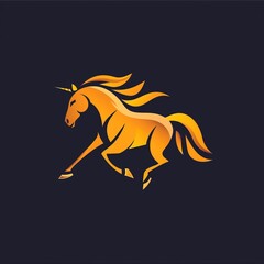 Obraz premium A golden unicorn leaps forward against a dark blue background.