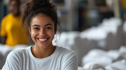 Fototapeta premium A cheerful young woman with curly hair smiles brightly in a volunteer setting filled with white items in the background