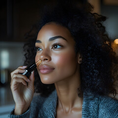 Obraz premium Elegant Woman Model with Curly Hair Applying Makeup indoors for Glowing Skin in a Relaxed Mood