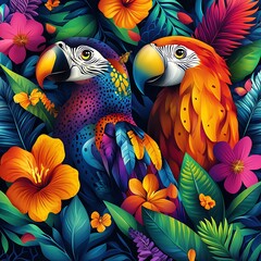 Obraz premium Two colorful parrots in a jungle setting with vibrant flowers and foliage.