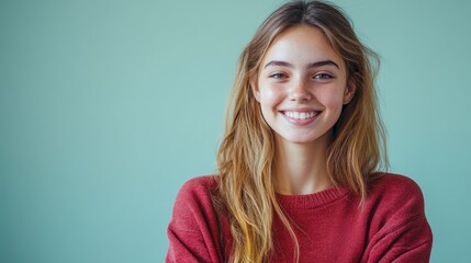 Obraz premium A smiling young woman with long hair wearing a red sweater against a light green background