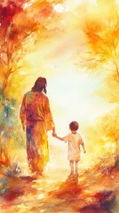 Spiritual Journey: A Child Walking with Jesus in a Colorful Landscape