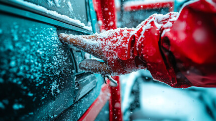 person is cleaning snow off snowblower, showcasing effort required after heavy snowfall. scene captures winter atmosphere and challenges of snow removal