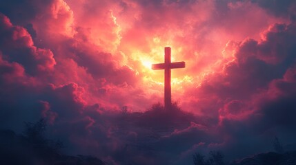Fototapeta premium cross silhouette against dramatic sky at sunset, spiritual concept