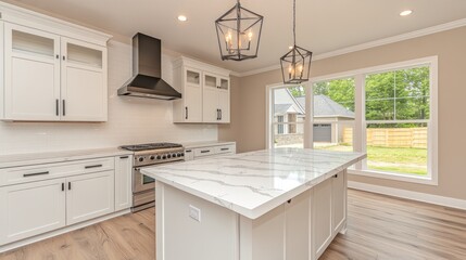 Modern kitchen with white cabinets, stainless steel appliances, and a large island with a white quartz countertop.