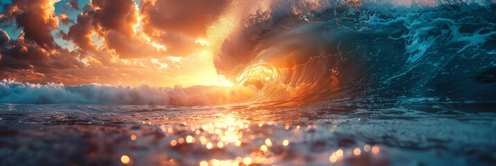 Epic Ocean Wave, Golden Sunset, Silhouettes of Surfers, Dramatic Clouds, and Sparkling Water