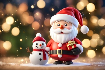 Santa Claus & Snowman christmas background. 3d illustration