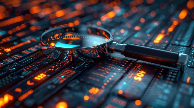 Magnifying Glass Exploring Digital Data Flow, Cybersecurity Concept. Blockchain, Big Data Analysis.