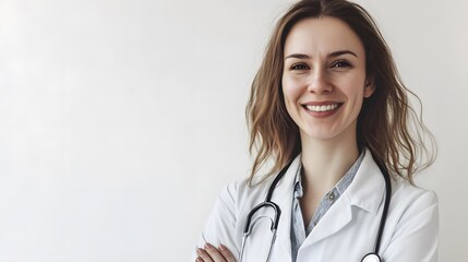 A female doctor with a stethoscope smiling friendly on white background