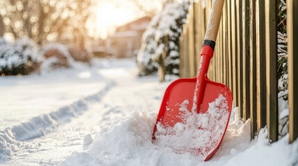 snowy street scene features red snow shovel leaning against wooden fence, surrounded by winter landscape. sunlight casts warm glow, creating serene atmosphere