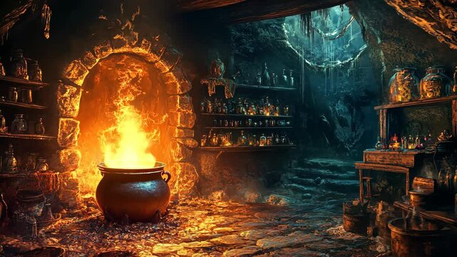 A cauldron boils over a roaring fire in a dark, stone-walled room filled with shelves of potions