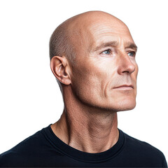 Bald man in black shirt, looking upwards, isolated on white background, contemplative expression, side view profile. Isolated on white background or PNG