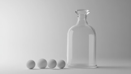 Glass Bottle and Spheres on a White Background