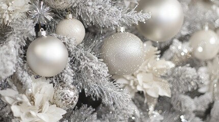 Close-up of a white Christmas tree with silver ornaments and white flowers.
