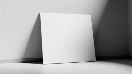 Blank Canvas Mockup: A pristine white canvas stands against a minimalist backdrop, bathed in soft, natural light, ready to showcase your design. The canvas leans slightly against a wall.