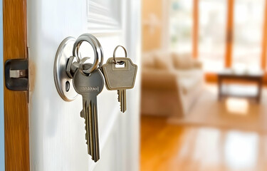 A close-up of keys in a door lock, with a blurred living room in the background.