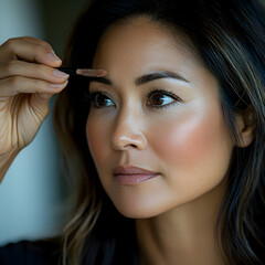 Obraz premium Elegant Woman Applying Natural Makeup in Close-Up Portrait with Healthy Skin and Calm Expression