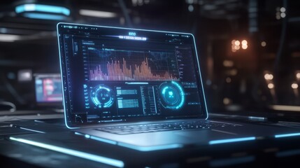 Futuristic Laptop Interface with Data Visualization in a High-Tech Environment