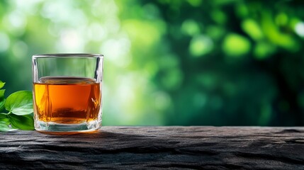 A glass of amber liquid sits on a wooden table with a blurred background of green foliage.