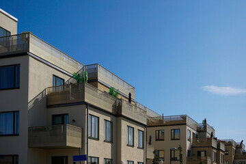 Low angle view of modern apartment buildings against sky in Sollentuna