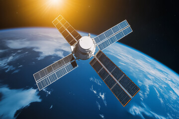 A satellite orbits Earth, capturing solar energy and revealing the planet's stunning curve and atmosphere