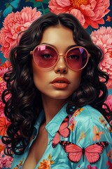 Fototapeta premium Luxury Fashion Model Portrait with Pink Peonies and Metallic Sunglasses