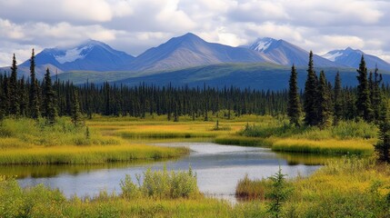 Serene Mountain Landscape with Lush Greenery and Tranquil Waters