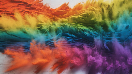 Fototapeta premium A vibrant array of colored powders creates an energetic, swirling rainbow effect against a white background, evoking joy and creativity in a lively, artistic display.
