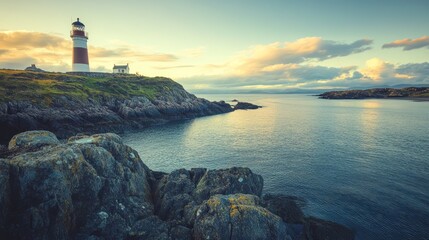 Scenic Lighthouse at Sunset Over Calm Waters