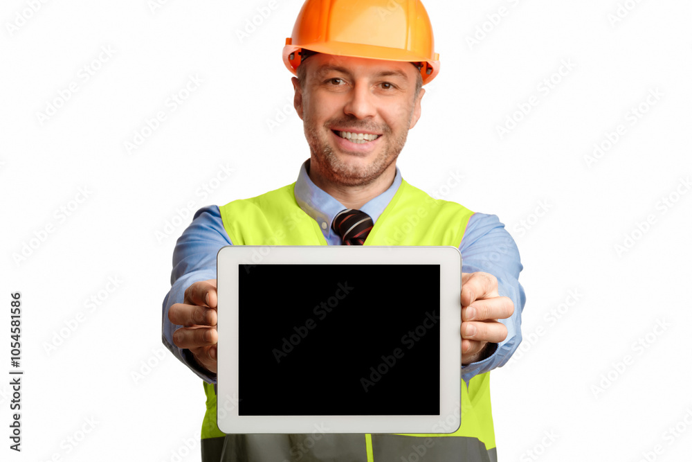 Poster Cheerful Builder Man Showing Tablet Computer Screen Smiling To Camera Posing Over White Studio Background. Selective Focus, Mockup